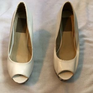 Peep toe wedges.  Cream and multi colored.